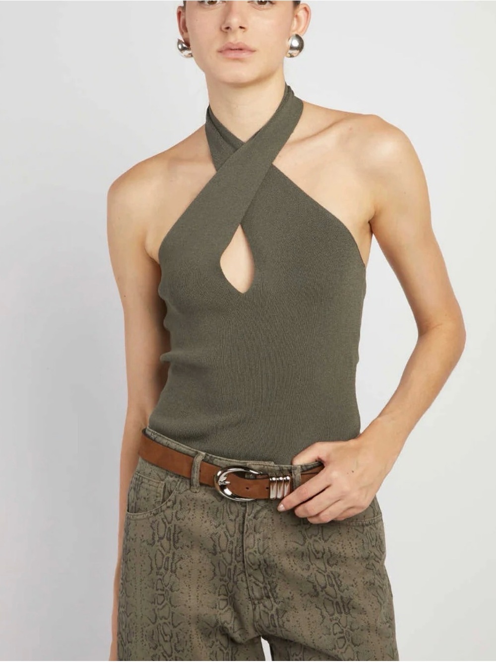 NWOT Federica Tosi Olive Cross-Halter Keyhole Knit Top
